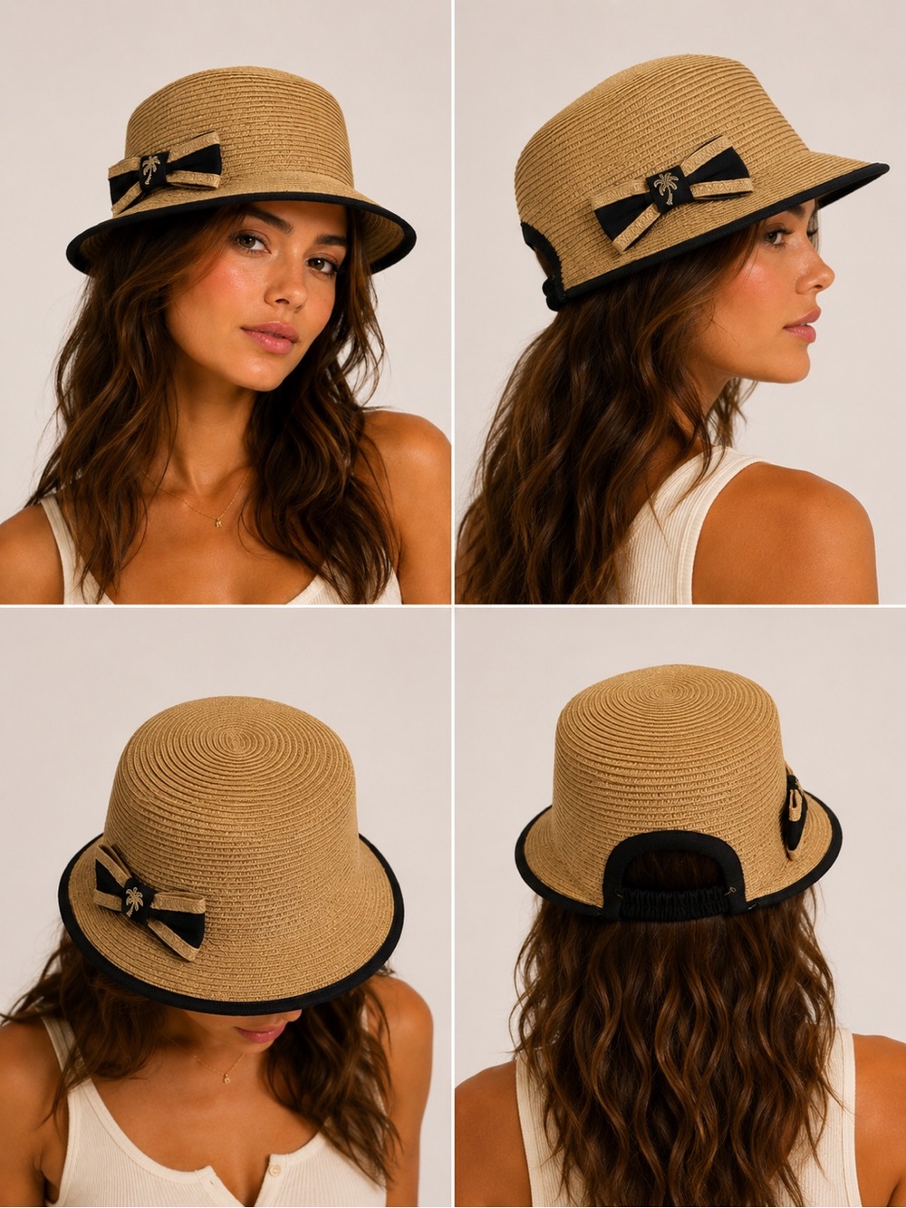Stylish Tan Sunhat with Black Trim and Ponytail loop